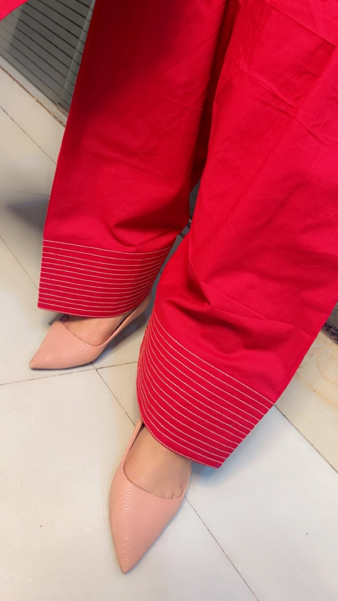 Cherry colored Embroidered Straight - Shirt with Farshi Salwar - Kirti Kapoor Couture