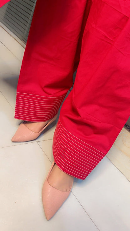 Cherry colored Embroidered Straight - Shirt with Farshi Salwar - Kirti Kapoor Couture