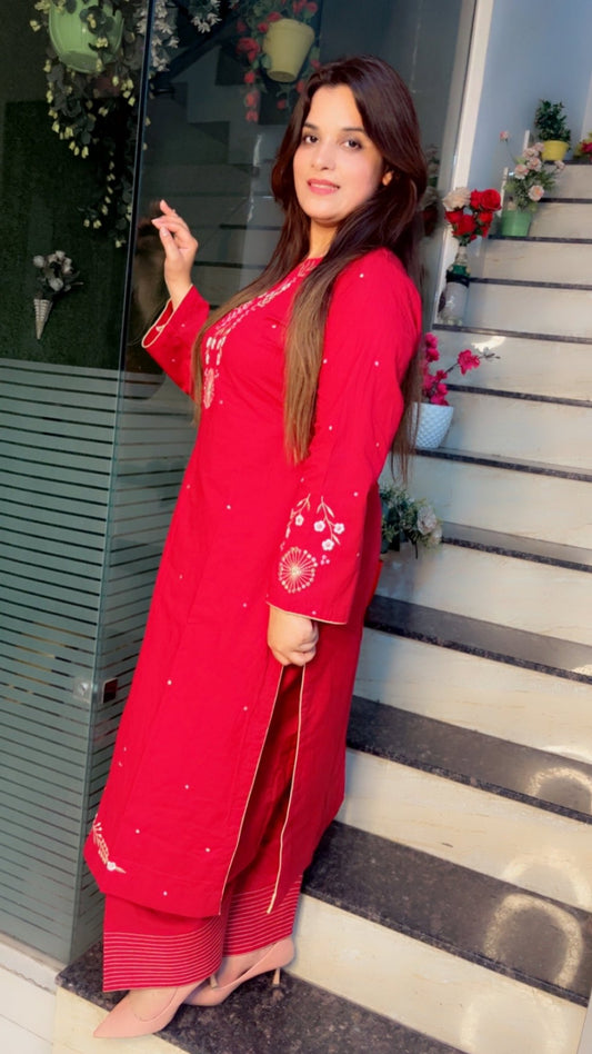 Cherry colored Embroidered Straight - Shirt with Farshi Salwar - Kirti Kapoor Couture
