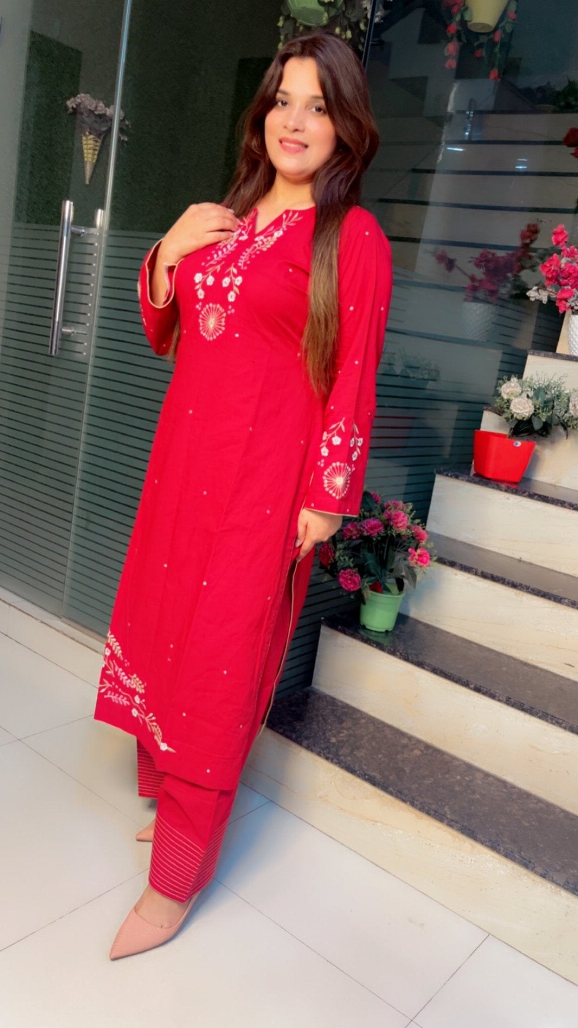 Cherry colored Embroidered Straight - Shirt with Farshi Salwar - Kirti Kapoor Couture