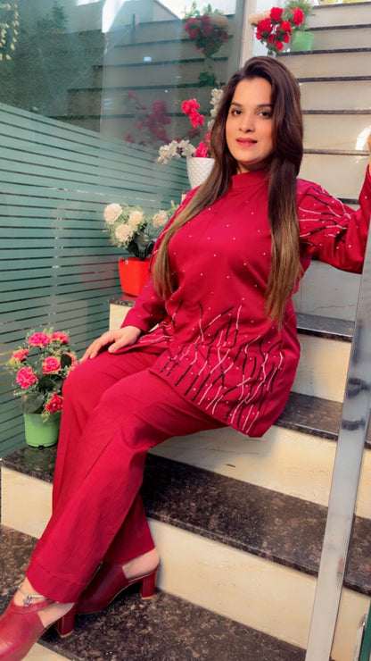 Cherry Coloured Hand - Embroidered Banana Crepe Co - ord Set - Kirti Kapoor Couture