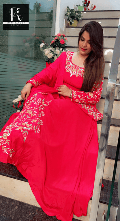 Cherry Red Hand - Embroidered Anarkali Suit - Kirti Kapoor Couture