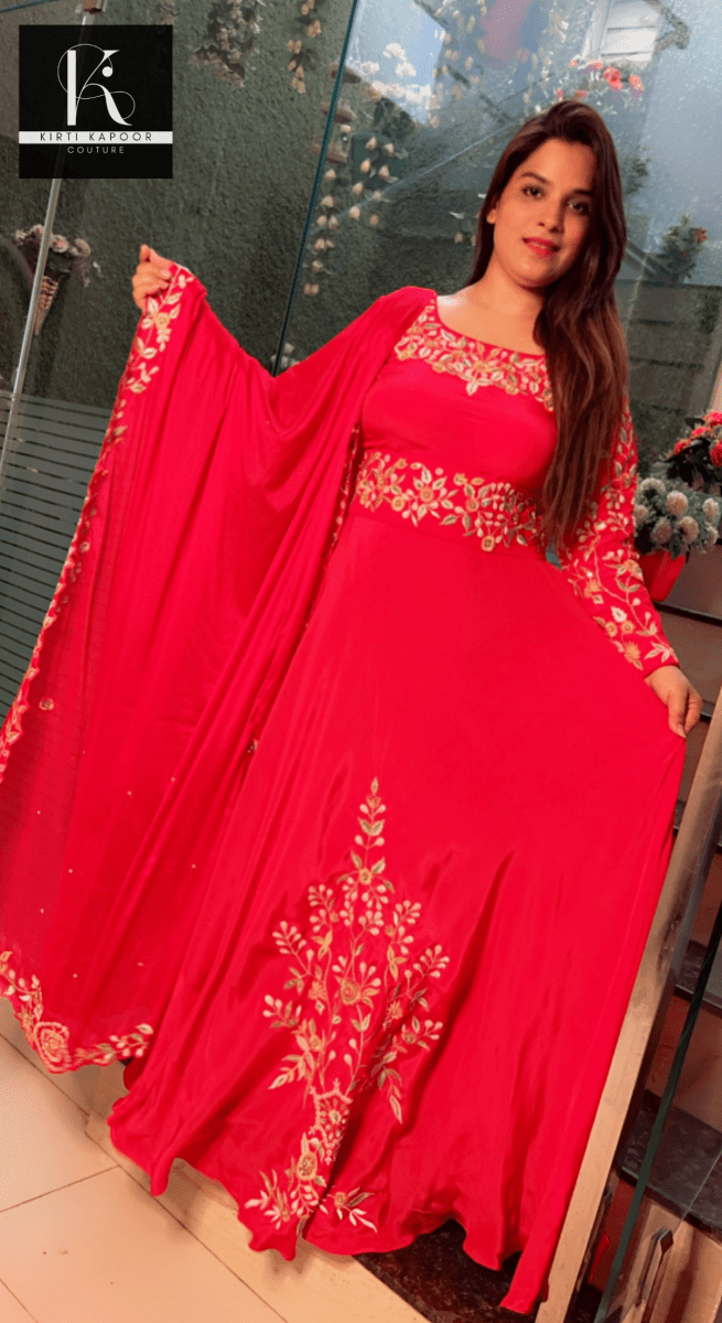 Cherry Red Hand - Embroidered Anarkali Suit - Kirti Kapoor Couture