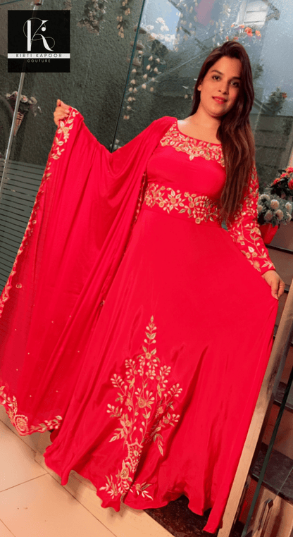 Cherry Red Hand - Embroidered Anarkali Suit - Kirti Kapoor Couture