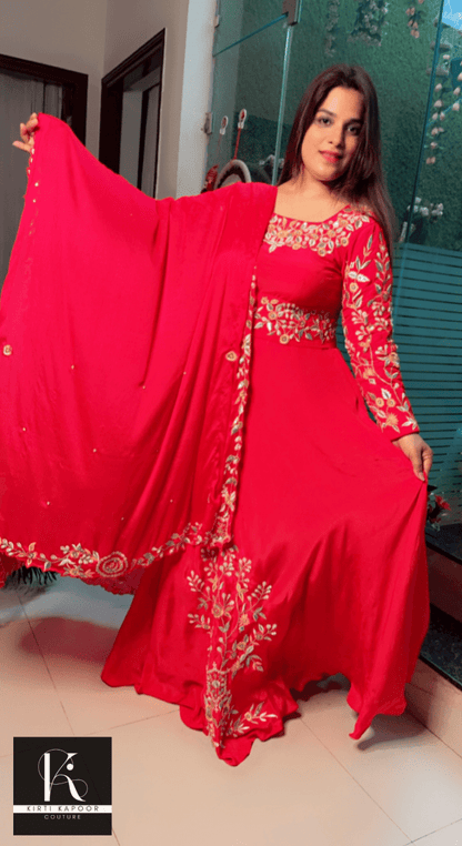 Cherry Red Hand - Embroidered Anarkali Suit - Kirti Kapoor Couture