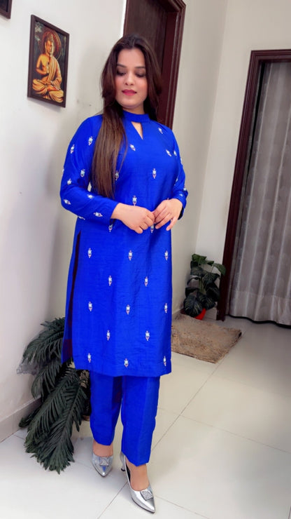 Cobalt Blue Khadi Silk Embroidered Co - ord Set - Kirti Kapoor Couture