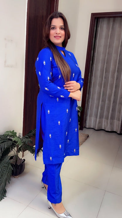 Cobalt Blue Khadi Silk Embroidered Co - ord Set - Kirti Kapoor Couture