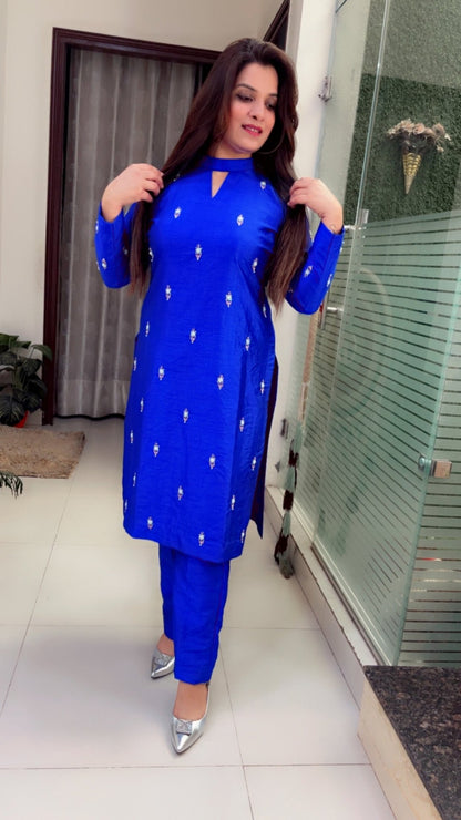 Cobalt Blue Khadi Silk Embroidered Co - ord Set - Kirti Kapoor Couture