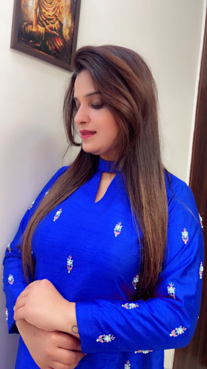 Cobalt Blue Khadi Silk Embroidered Co - ord Set - Kirti Kapoor Couture