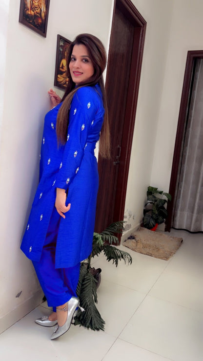 Cobalt Blue Khadi Silk Embroidered Co - ord Set - Kirti Kapoor Couture
