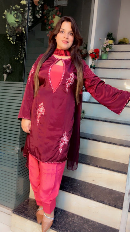 Coffee Embroidered Suit with Contrasting Pink Farshi Salwar and Tie - Dye Dupatta - Kirti Kapoor Couture