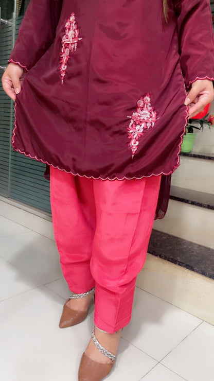 Coffee Embroidered Suit with Contrasting Pink Farshi Salwar and Tie - Dye Dupatta - Kirti Kapoor Couture