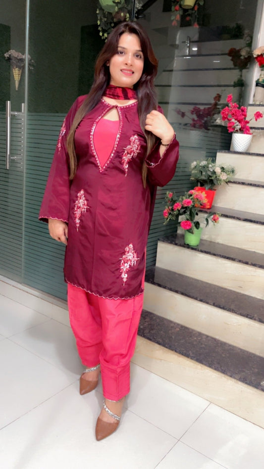 Coffee Embroidered Suit with Contrasting Pink Farshi Salwar and Tie - Dye Dupatta - Kirti Kapoor Couture