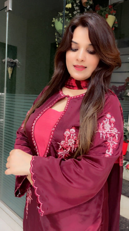 Coffee Embroidered Suit with Contrasting Pink Farshi Salwar and Tie - Dye Dupatta - Kirti Kapoor Couture