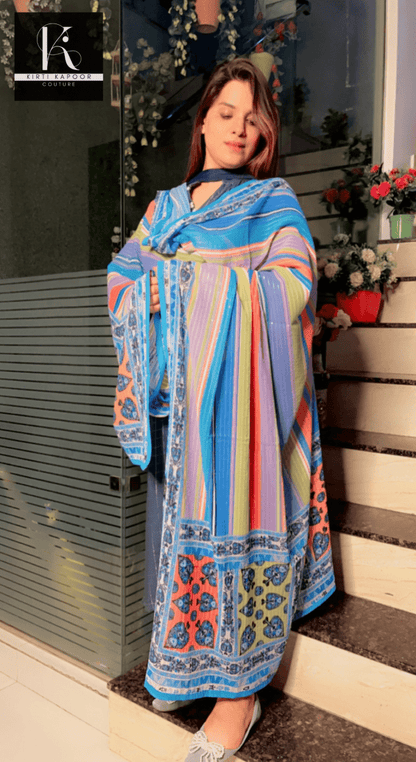 Colored Linear Pattern Dupatta on Blue Base - Kirti Kapoor Couture