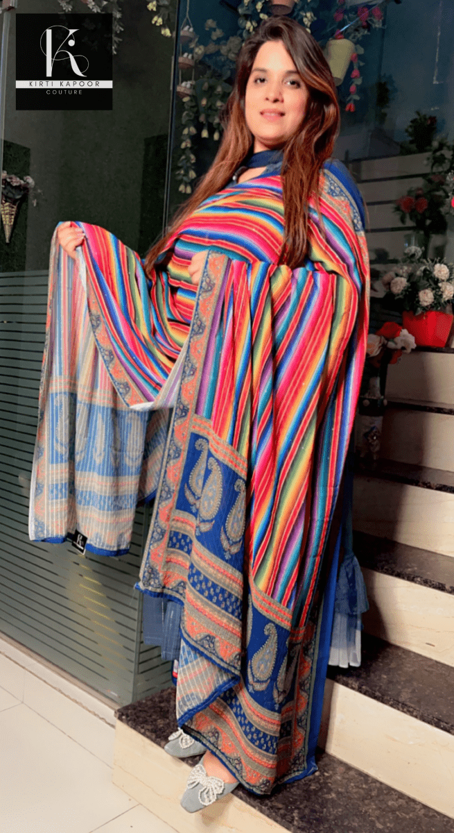 Colored Linear Pattern Dupatta on Dark Blue Base - Kirti Kapoor Couture