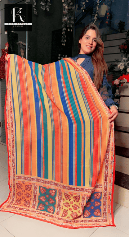 Colored Linear Pattern Dupatta on Orange Base - Kirti Kapoor Couture