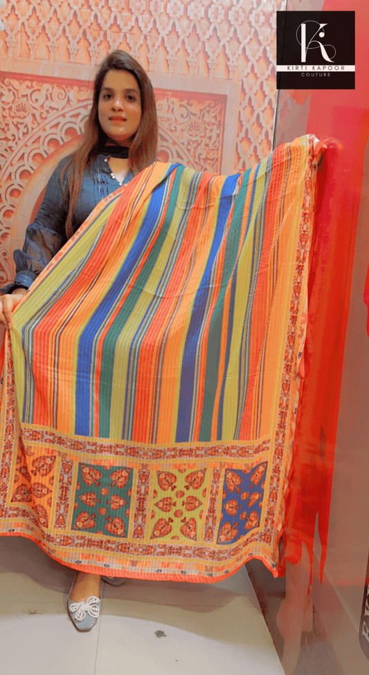 Colored Linear Pattern Dupatta on Orange Base - Kirti Kapoor Couture