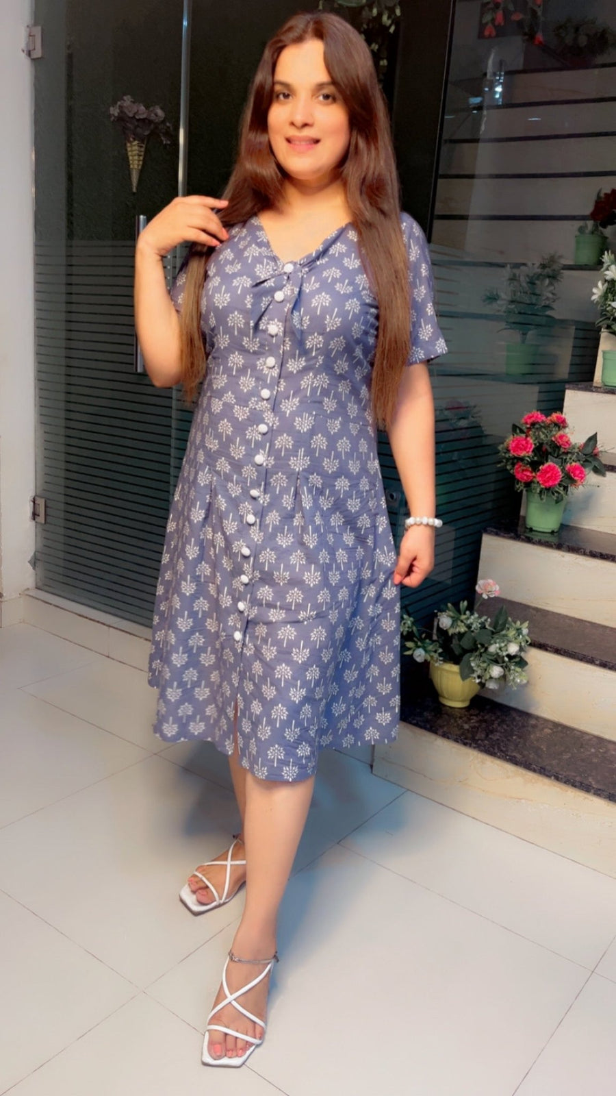 Grey With White Floral Print Cotton designer tunic (TN018)