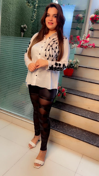 Cotton Formal White Shirt with Embroidered Black Flowers and Leaves - Kirti Kapoor Couture