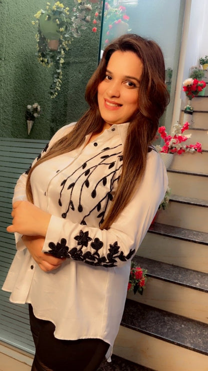 Cotton Formal White Shirt with Embroidered Black Flowers and Leaves - Kirti Kapoor Couture