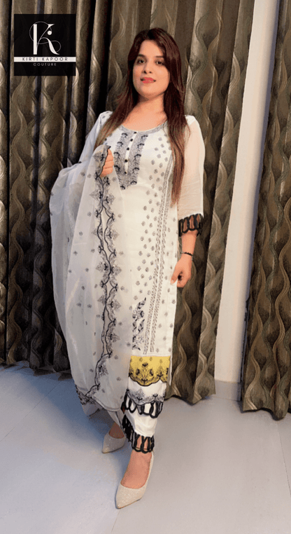 Creme Organza Pakistani Style Suit with Black Loops Design - Kirti Kapoor Couture