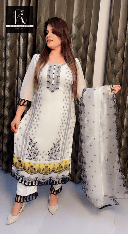 Creme Organza Pakistani Style Suit with Black Loops Design - Kirti Kapoor Couture