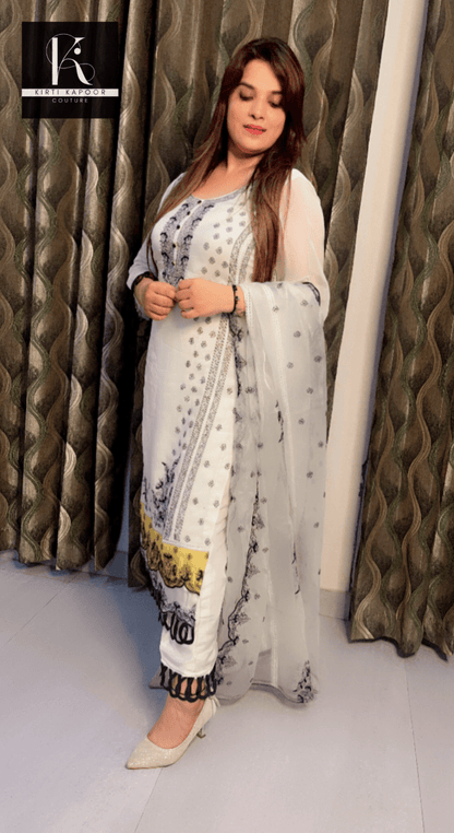 Creme Organza Pakistani Style Suit with Black Loops Design - Kirti Kapoor Couture
