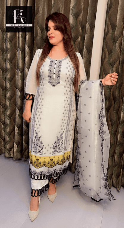 Creme Organza Pakistani Style Suit with Black Loops Design - Kirti Kapoor Couture