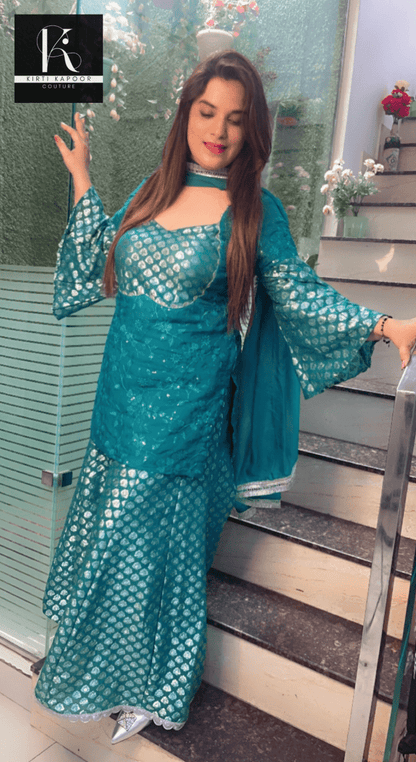 Cyan Blue Brocade and Thread - work Suit - Kirti Kapoor Couture