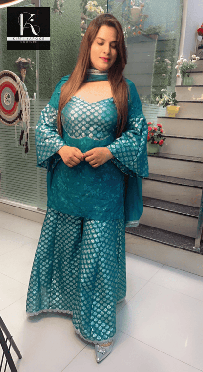 Cyan Blue Brocade and Thread - work Suit - Kirti Kapoor Couture