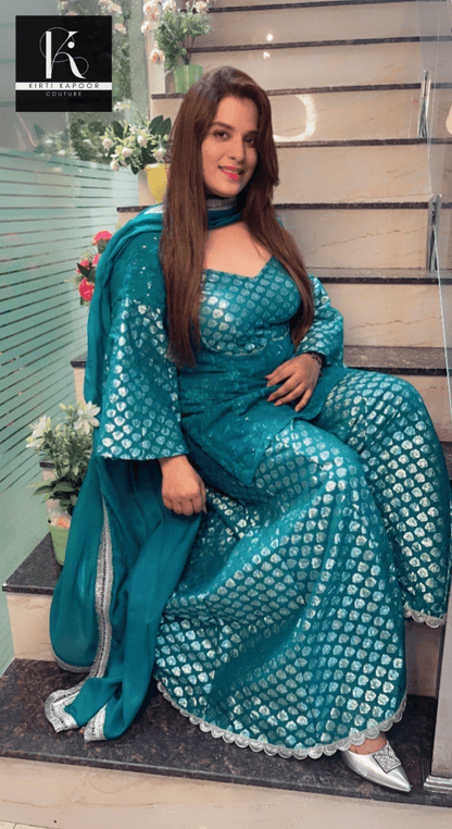 Cyan Blue Brocade and Thread - work Suit - Kirti Kapoor Couture