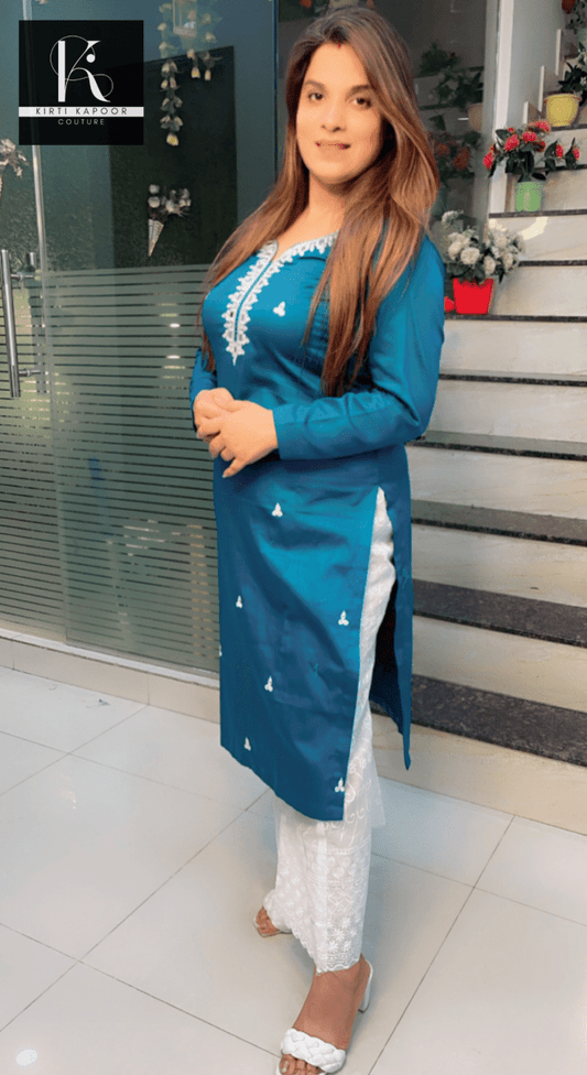 Cyan Blue Hand - Embroidered Shirt with Chicken Bell - Bottom - Kirti Kapoor Couture