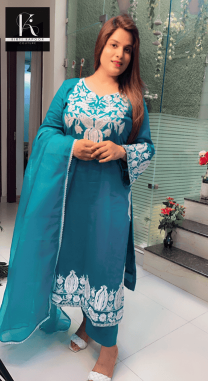Cyan - Blue Hand - Embroidered Suit with Dupatta - Kirti Kapoor Couture