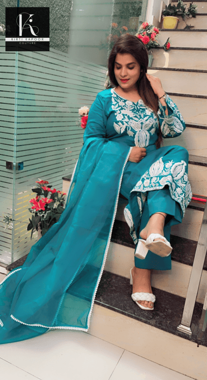 Cyan - Blue Hand - Embroidered Suit with Dupatta - Kirti Kapoor Couture
