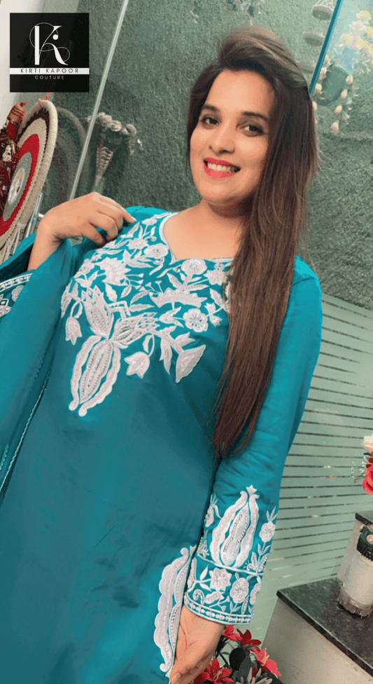 Cyan - Blue Hand - Embroidered Suit with Dupatta - Kirti Kapoor Couture