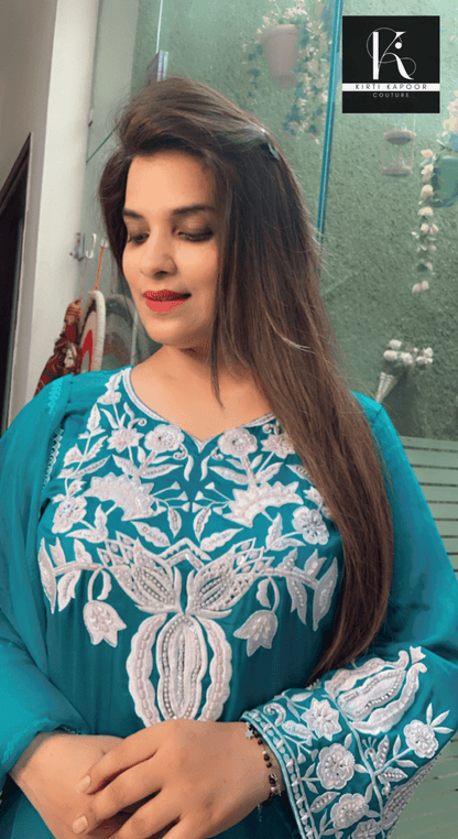 Cyan - Blue Hand - Embroidered Suit with Dupatta - Kirti Kapoor Couture