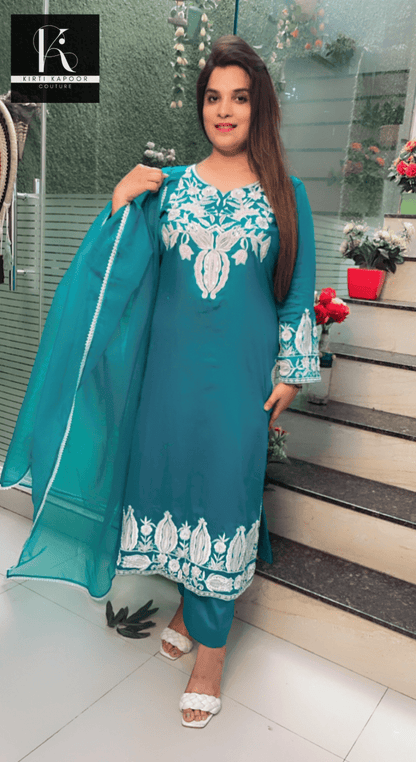 Cyan - Blue Hand - Embroidered Suit with Dupatta - Kirti Kapoor Couture