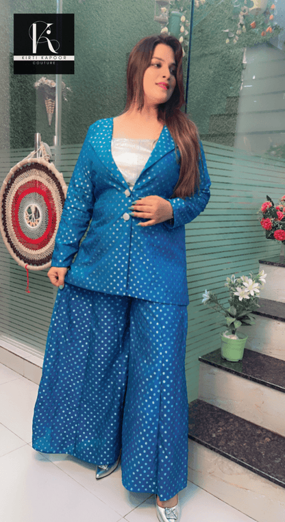 Cyan Blue Worked Brocade Three Piece Set with Silver Tube - Kirti Kapoor Couture