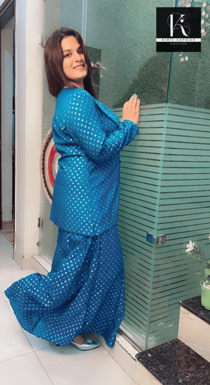 Cyan Blue Worked Brocade Three Piece Set with Silver Tube - Kirti Kapoor Couture
