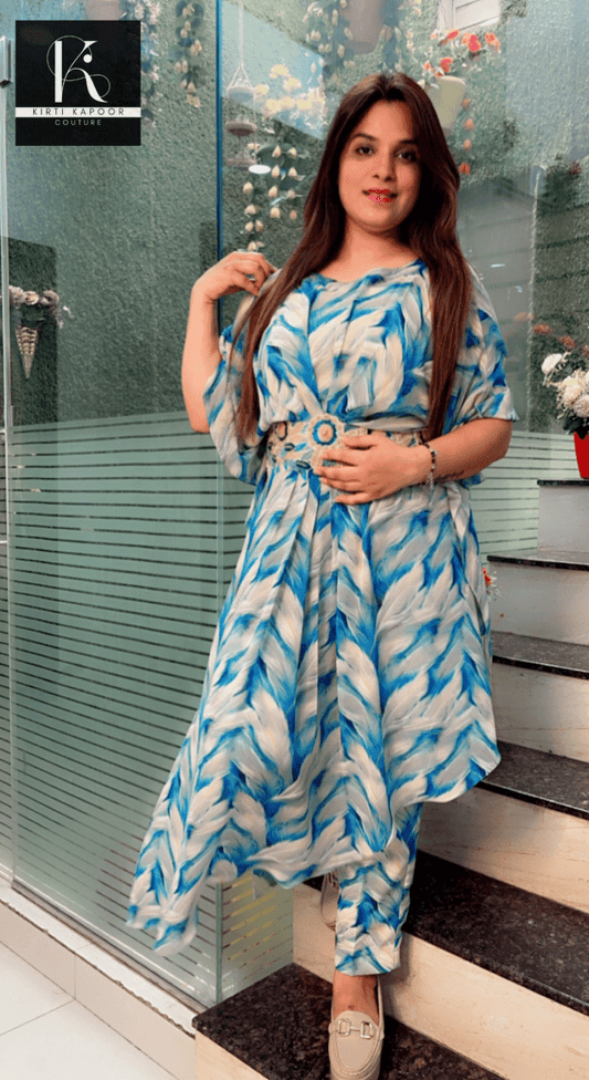 Cyan - Cream Printed Kaftan (Three Piece Set) - Kirti Kapoor Couture