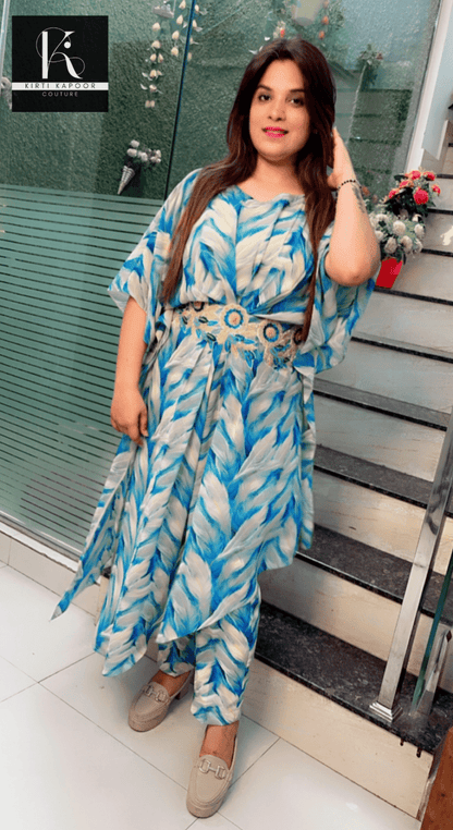 Cyan - Cream Printed Kaftan (Three Piece Set) - Kirti Kapoor Couture
