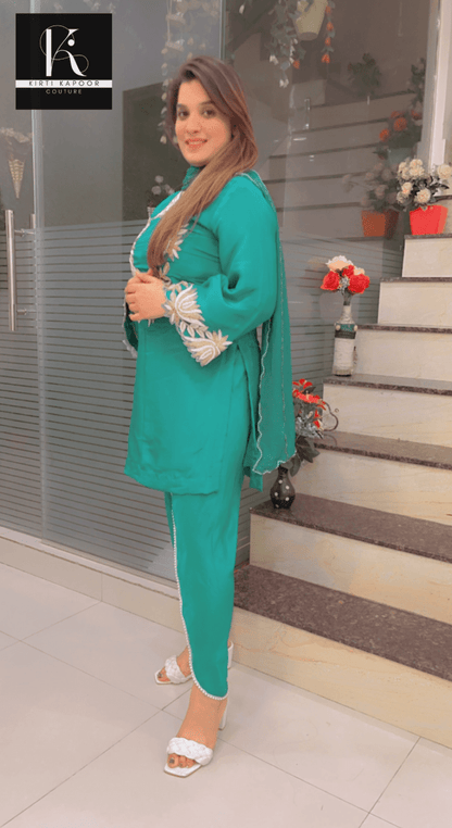 Cyan Embroidered Suit with Tulip Dhoti - Kirti Kapoor Couture