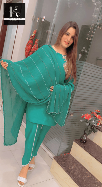 Cyan Embroidered Suit with Tulip Dhoti - Kirti Kapoor Couture