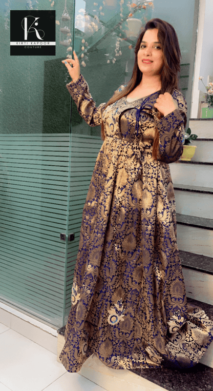 Dark Blue Brocade Anarkali (Embroidered Patchwork) - Kirti Kapoor Couture