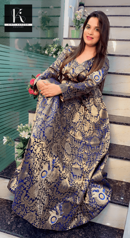 Dark Blue Brocade Anarkali (Embroidered Patchwork) - Kirti Kapoor Couture