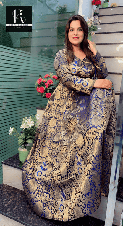 Dark Blue Brocade Anarkali (Embroidered Patchwork) - Kirti Kapoor Couture