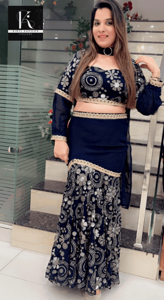 Dark Blue Fish - Cut Dress in Worked Fabric - Kirti Kapoor Couture