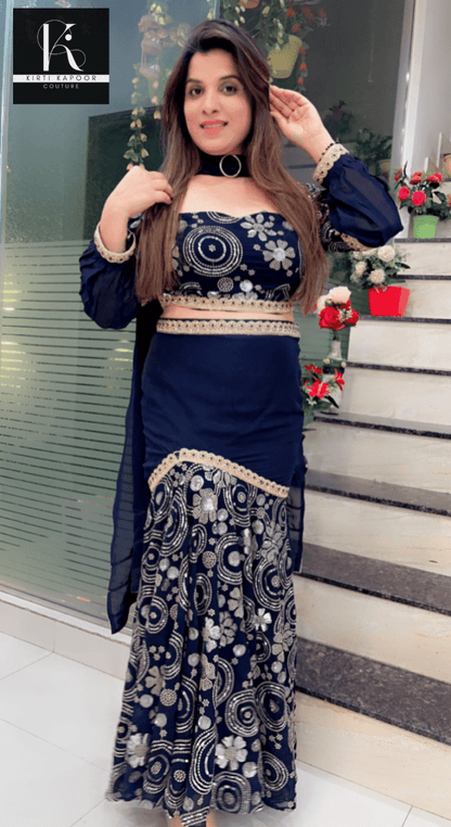 Dark Blue Fish - Cut Dress in Worked Fabric - Kirti Kapoor Couture