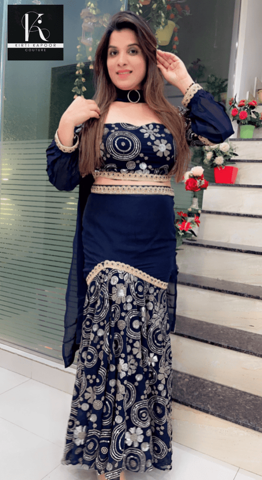 Dark Blue Fish - Cut Dress in Worked Fabric - Kirti Kapoor Couture